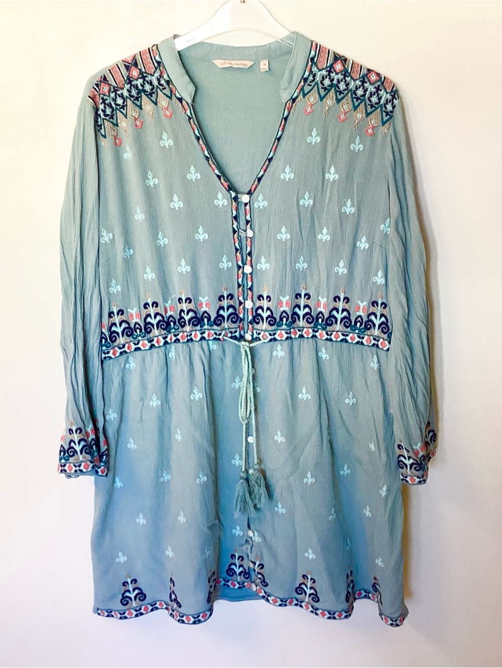 Soft Surroundings Long Sleeve Boho Embroidered Crinkle Gauze Dress - Sage - 1X